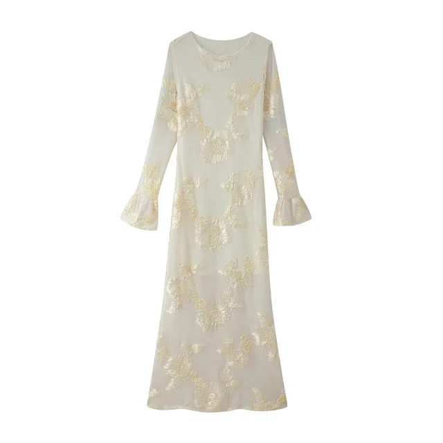 Three dimensional Plate Flower Bell Sleeve Slim fit Long Sleeve Dress Apricot Beige - Shop at LoveMi