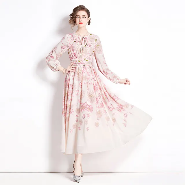 Large Swing Princess Style Printed Long Fashion Dress Pink - Shop at LoveMi