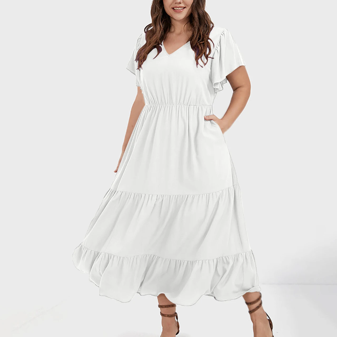 V-neck Ruffle Pleating Casual Large Swing Skirt - White