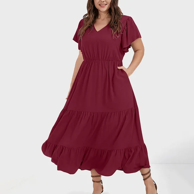 V neck Ruffle Pleating Casual Large Swing Skirt Wine Red - Shop at LoveMi
