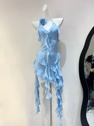 Fashion Ladies New Sexy Halter Flower Dress Light Blue - Shop at LoveMi