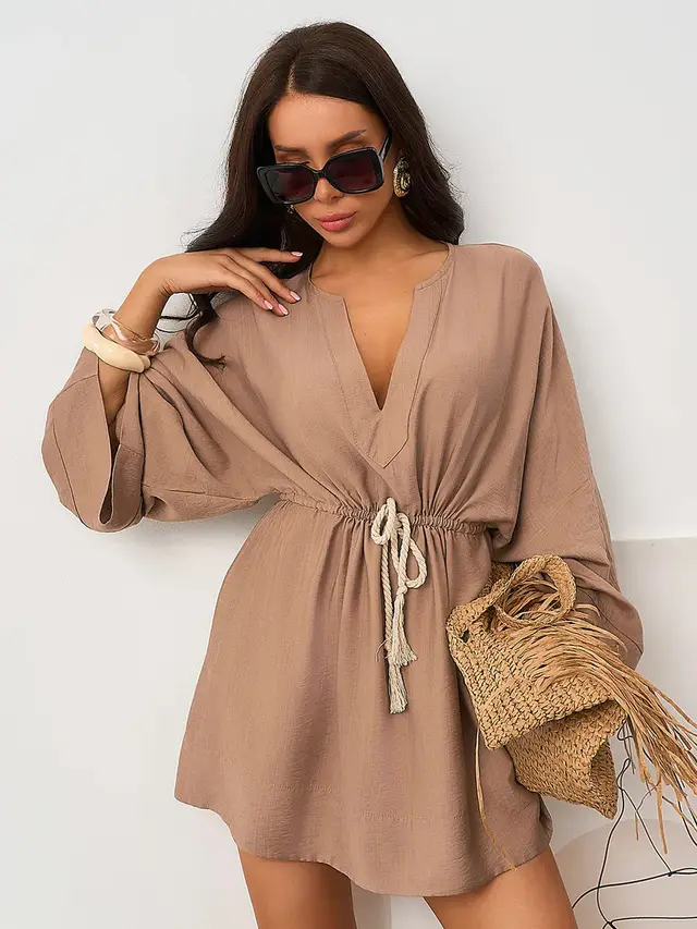 Solid Color Loose V neck Long sleeved Shirt Dress Caramel - Shop at LoveMi