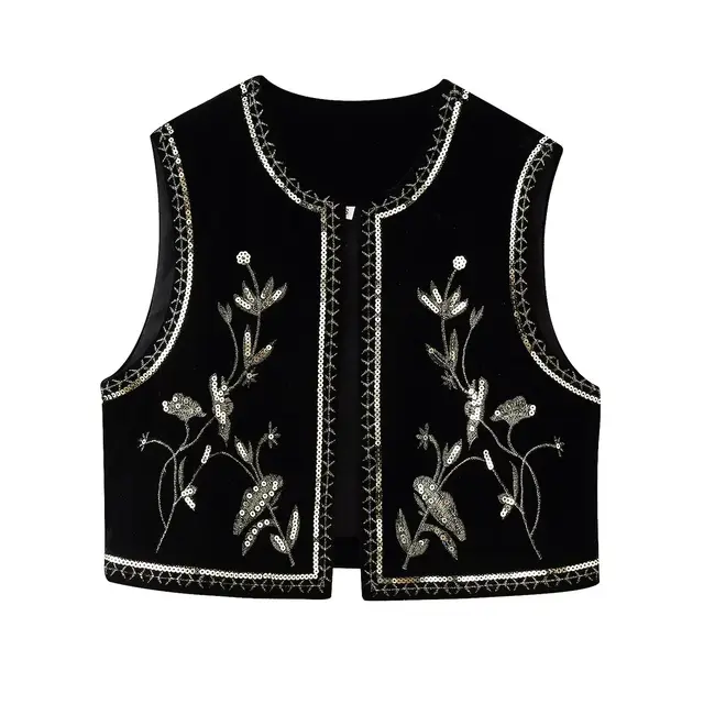 Velvet Beads Decoration Embroidered Women's Coat Black - Shop at LoveMi