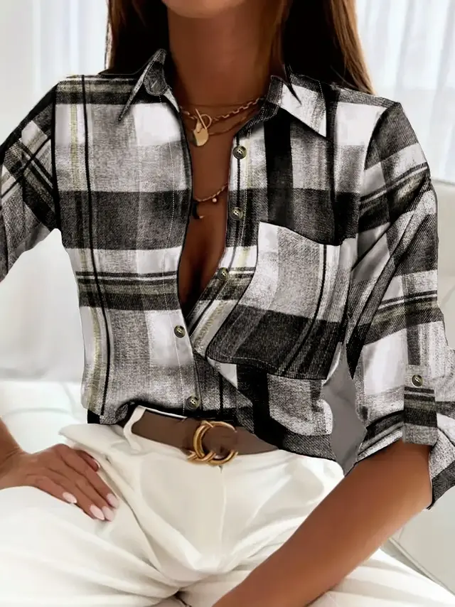 New Autumn Leisure Plaid Button Long Sleeve Plaid Printed Shirt For Women Black - Shop at LoveMi