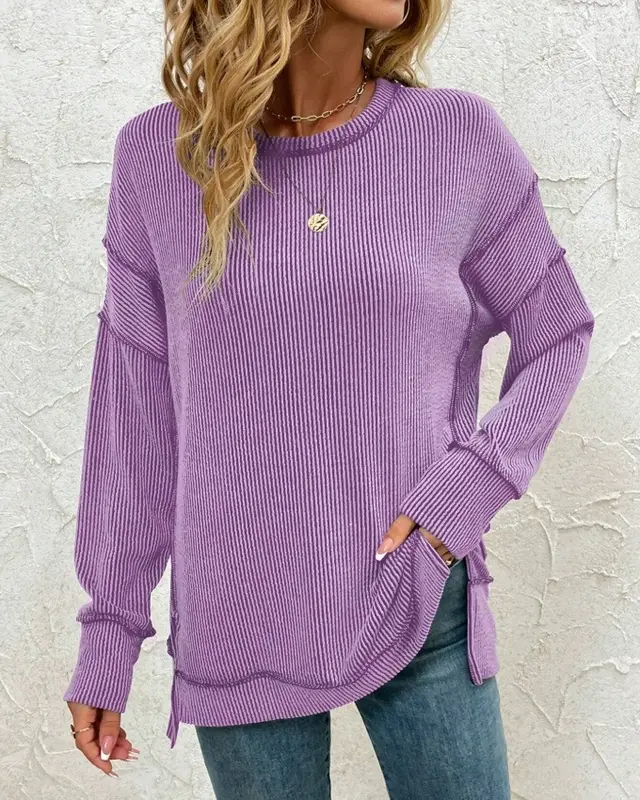 Twist Strip Split Long Sleeve Loose Sweatshirt Sweater Purple - Shop at LoveMi