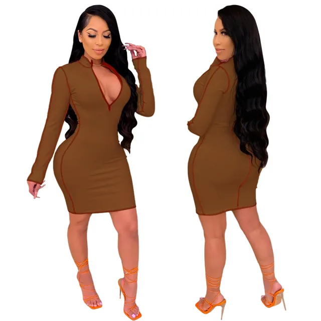 Sexy V Neck Mid Length Dress Brown - Shop at LoveMi