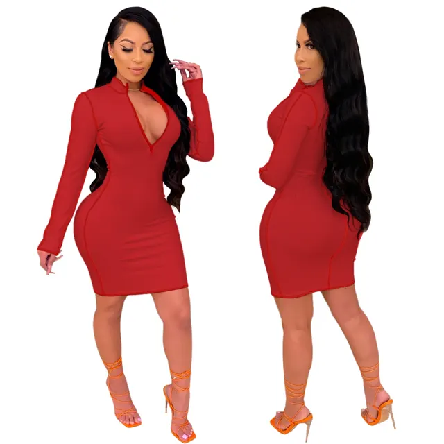 Sexy V Neck Mid Length Dress Red - Shop at LoveMi