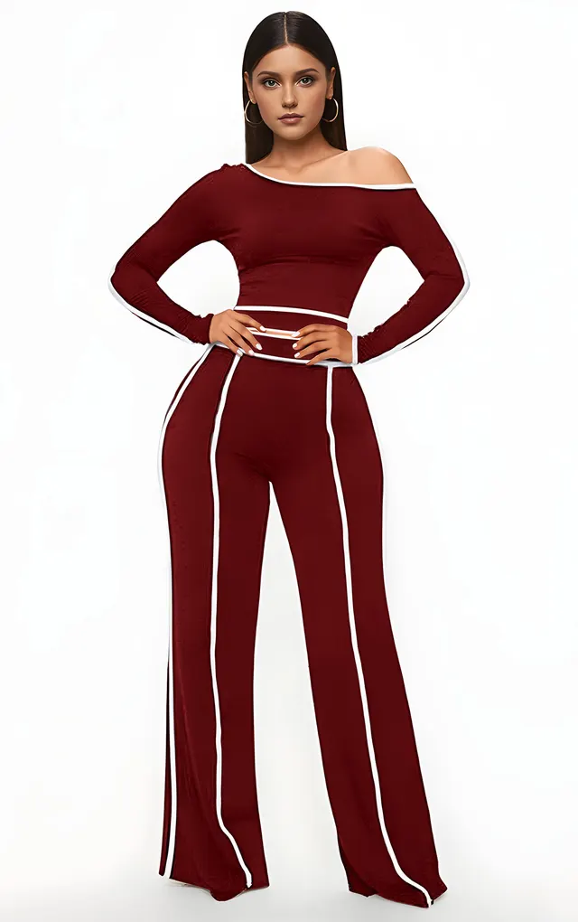 Commute Leisure Diagonal Collar Stitching High Waist Trousers Long Sleeve Two piece Set Red - Shop at LoveMi