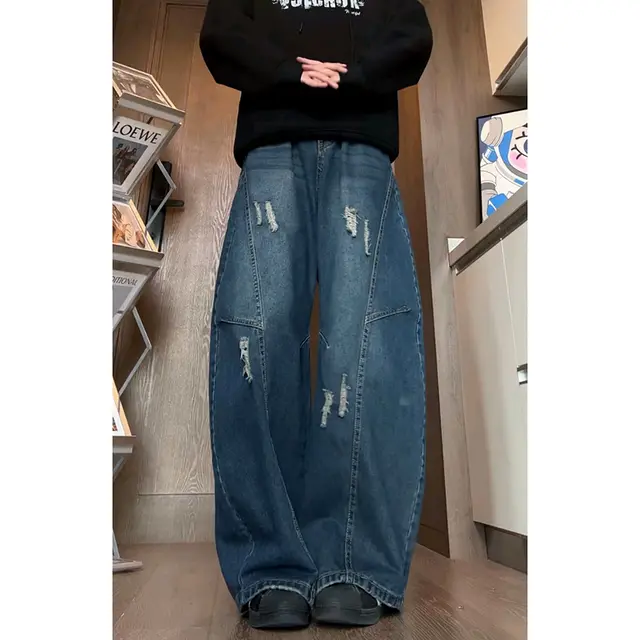 Retro Washed Distressed Loose Straight leg Wide leg Pants Dark Blue - Shop at LoveMi