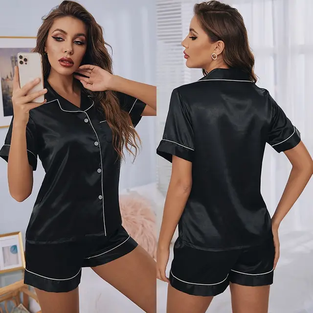 Basic Short sleeved Shorts Casual Leisure Suit Pajamas Black - Shop at LoveMi