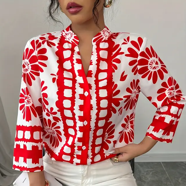 Women's Flower Printing Series Button Shirt Top Red - Shop at LoveMi