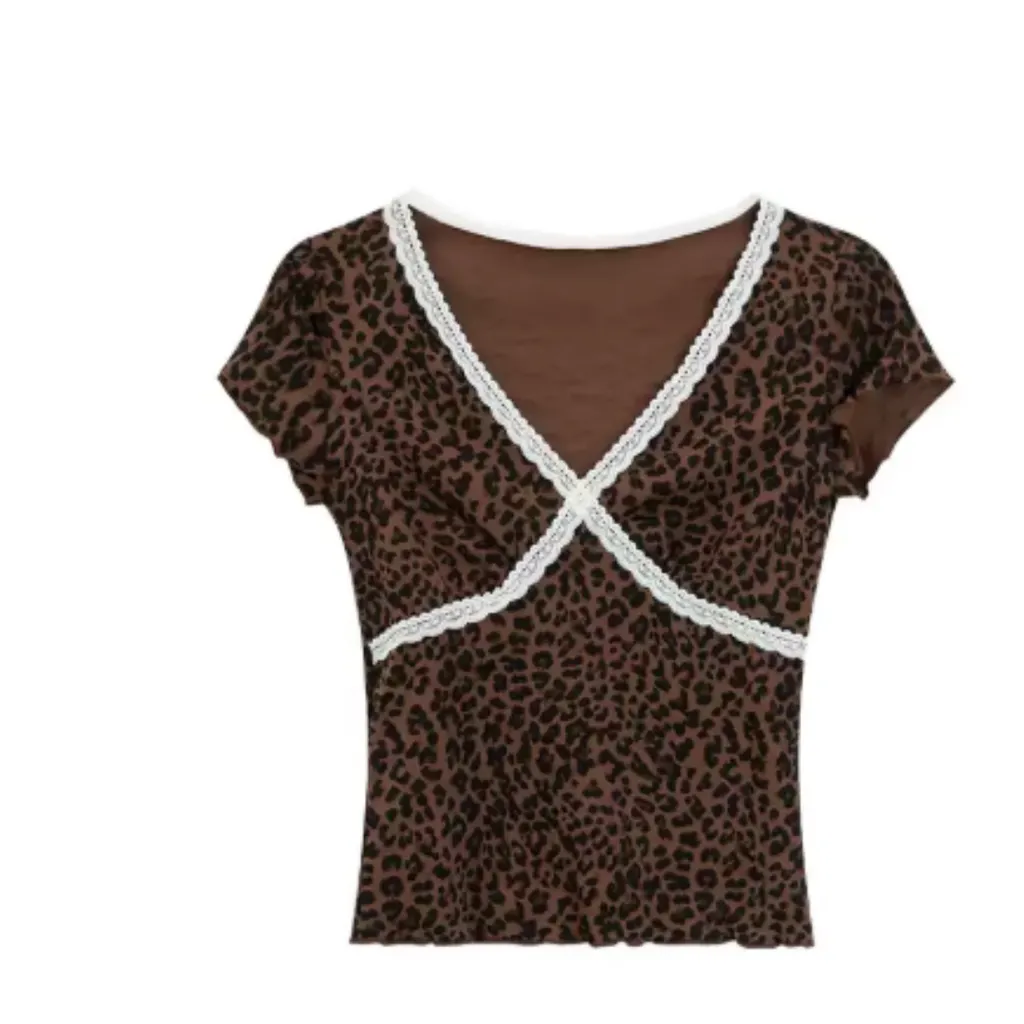 French White Polka Dot V-neck Short-sleeved T-shirt For Women - Leopard Print