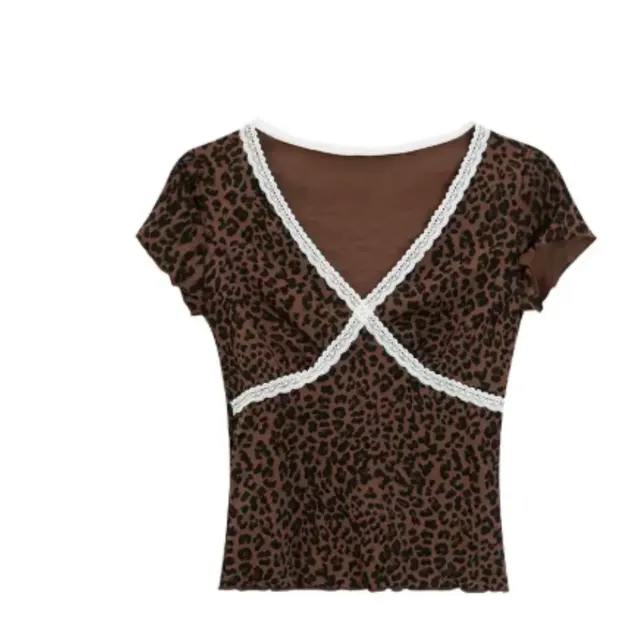 French White Polka Dot V neck Short sleeved T shirt For Women Leopard Print - Shop at LoveMi