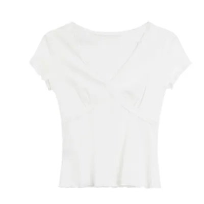 French White Polka Dot V neck Short sleeved T shirt For Women White - Shop at LoveMi