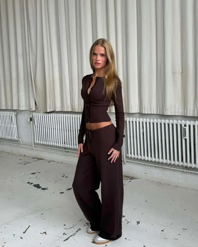 Pure Desire Knitted Slim fit Buttoned Long Sleeve Low Waist Casual Trousers Two piece Set Brown - Shop at LoveMi