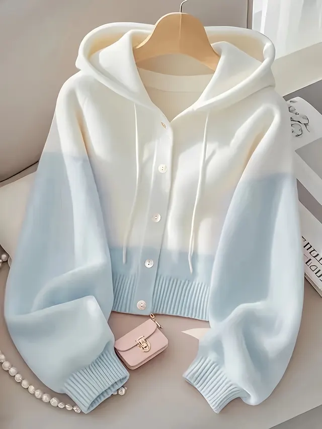 Patchwork Hooded Lazy High grade Knitted Top Light Blue - Shop at LoveMi
