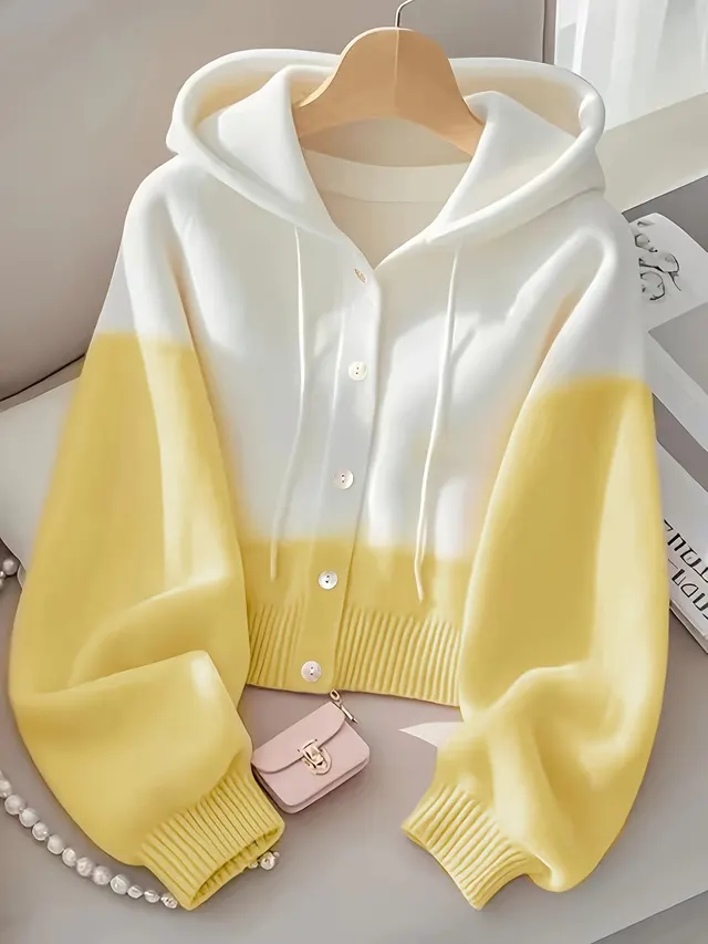 Patchwork Hooded Lazy High grade Knitted Top Yellow - Shop at LoveMi