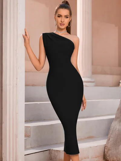 Fashion Elegant One Shoulder Bandage One piece Dress Sexy Tight Black - Shop at LoveMi