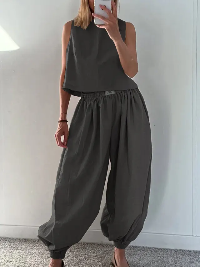 Sleeveless Top Loose Trousers Women's Suit Gray - Shop at LoveMi