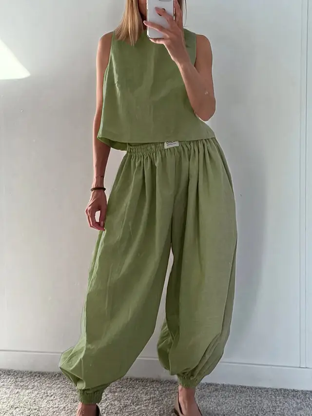 Sleeveless Top Loose Trousers Women's Suit Green - Shop at LoveMi