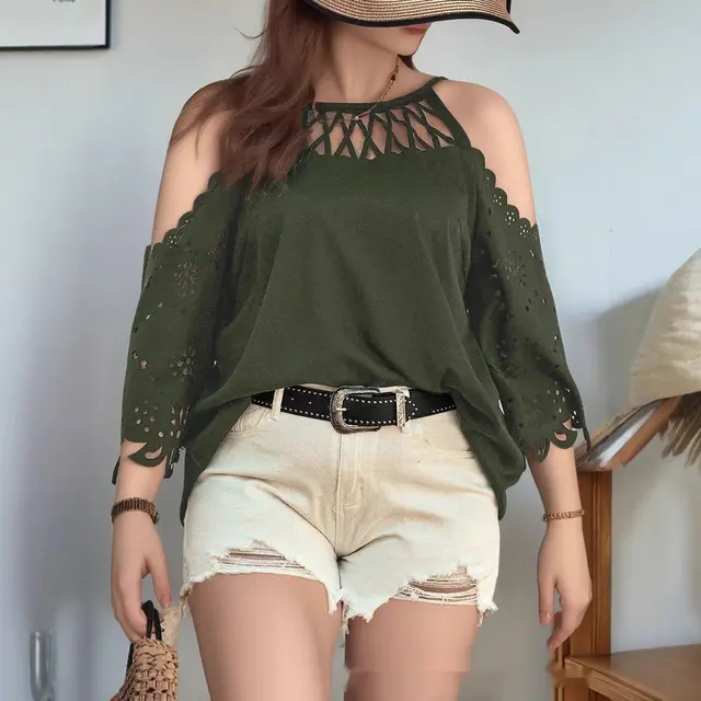 Fashion Women's Hollow out Halter Printed Top Army Green - Shop at LoveMi