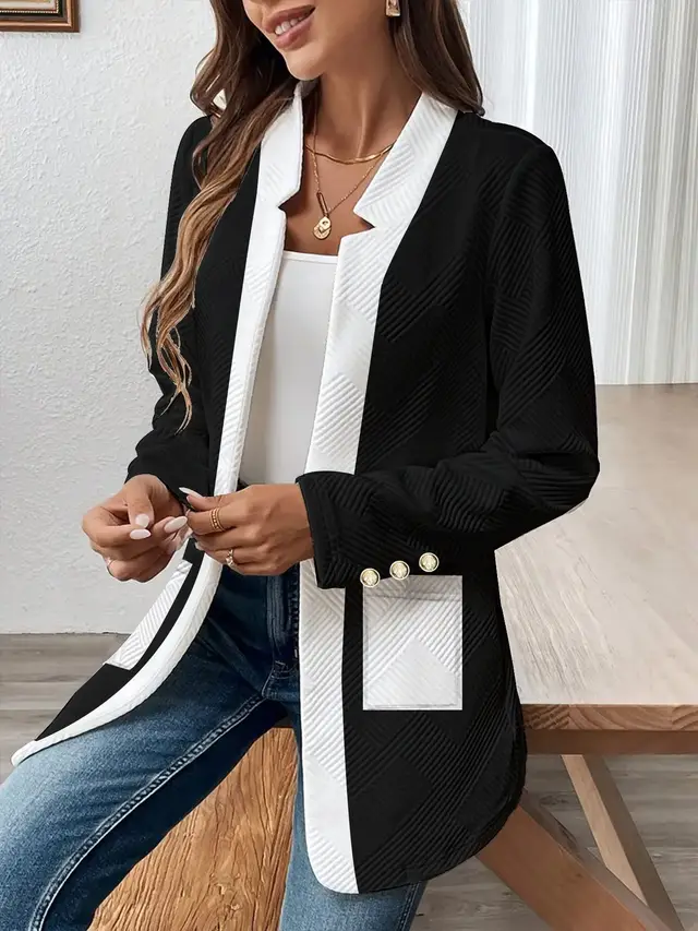 Black And White Patchwork Color Pocket Metal Buckle Suit Jacket Black - Shop at LoveMi