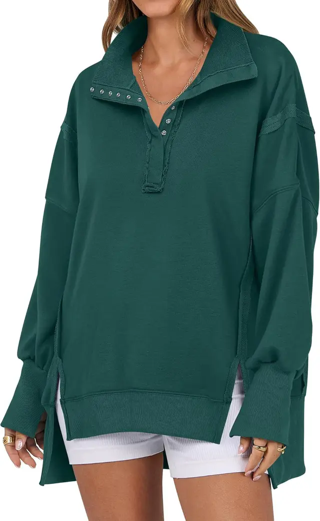 Decorative Moulding Design Blouse Split Lantern Sleeve Polo Collar Sweatshirt Green - Shop at LoveMi
