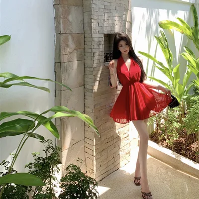 French Style Temperament Red Halter Dress Women Red - Shop at LoveMi