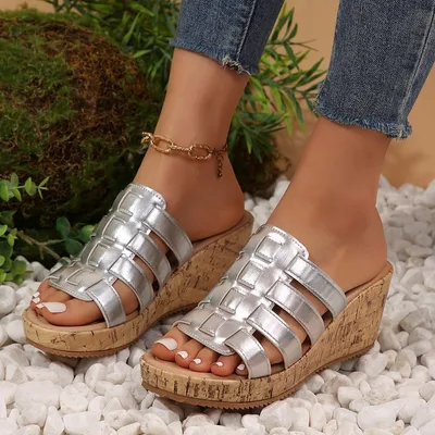 New European And American Wedge Peep Toe Roman Style Sandals Silver - Shop at LoveMi