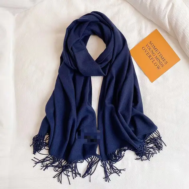 Simple Tassel Shawl Warm Artificial Cashmere Scarf Navy Blue - Shop at LoveMi
