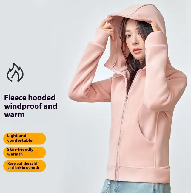 Hooded Sweater Double sided With Velvet Cardigan Zipper Coat Cherry Pink - Shop at LoveMi