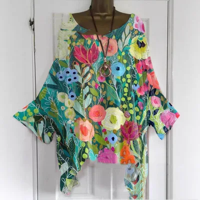 Round Neck Long Sleeve T shirt Floral Shading Print Style2 - Shop at LoveMi