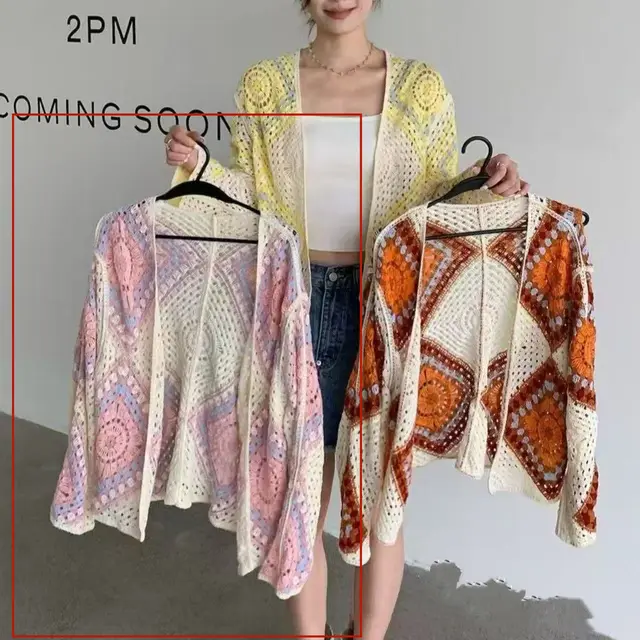 Vacation Style Hollow out Hook Flower V neck Knitted Sun Protective Blouse Pink - Shop at LoveMi