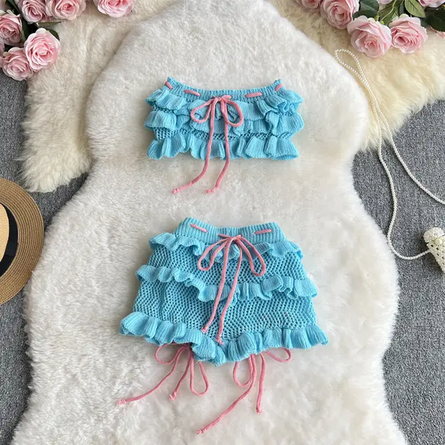 Dopamine Girl Pure Sweet Bow Stitching Plaid Contrast Color Shorts Sky Blue - Shop at LoveMi