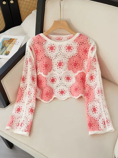 Autumn Embroidery Crochet Hollow Out Stitching Chiffon Long Sleeve Sun Protection Red - Shop at LoveMi