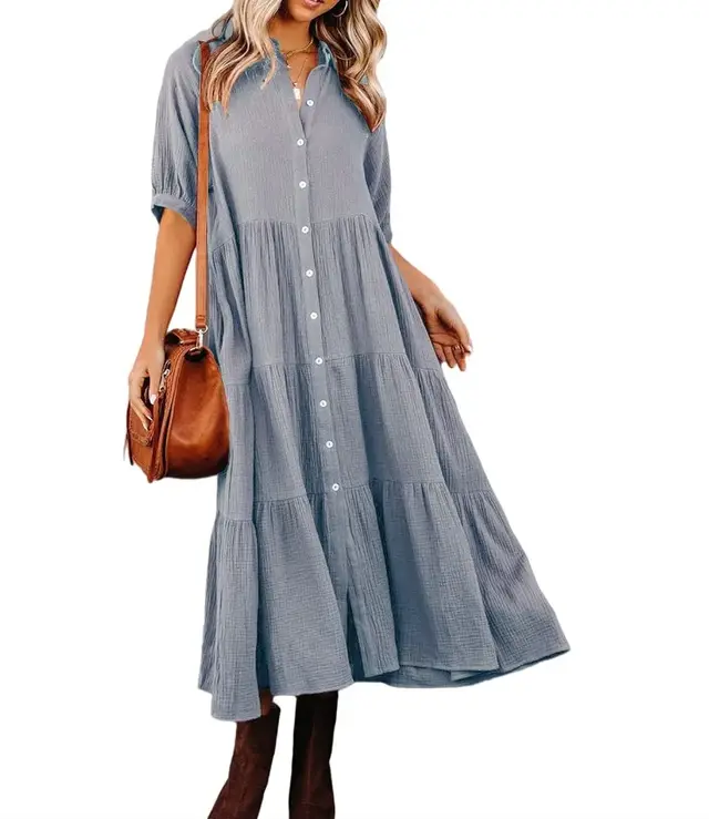 Women's Long Sleeve Button Dress Casual Dress Gray - Shop at LoveMi