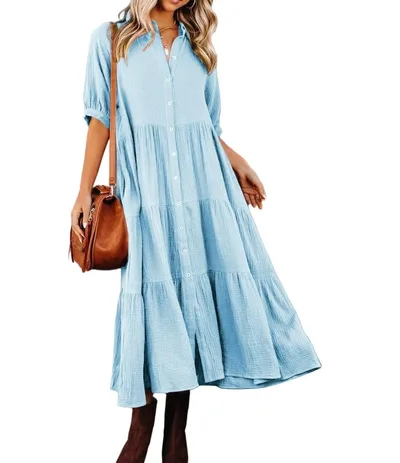 Women's Long Sleeve Button Dress Casual Dress Sky Blue - Shop at LoveMi