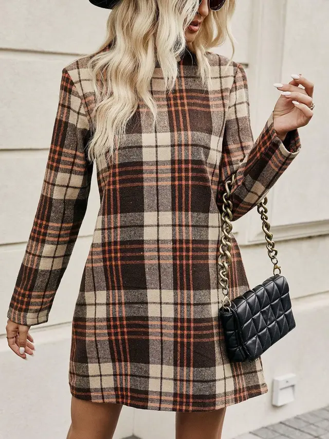European And American Long Sleeve Plaid Dress Women's Clothing Dark Brown - Shop at LoveMi