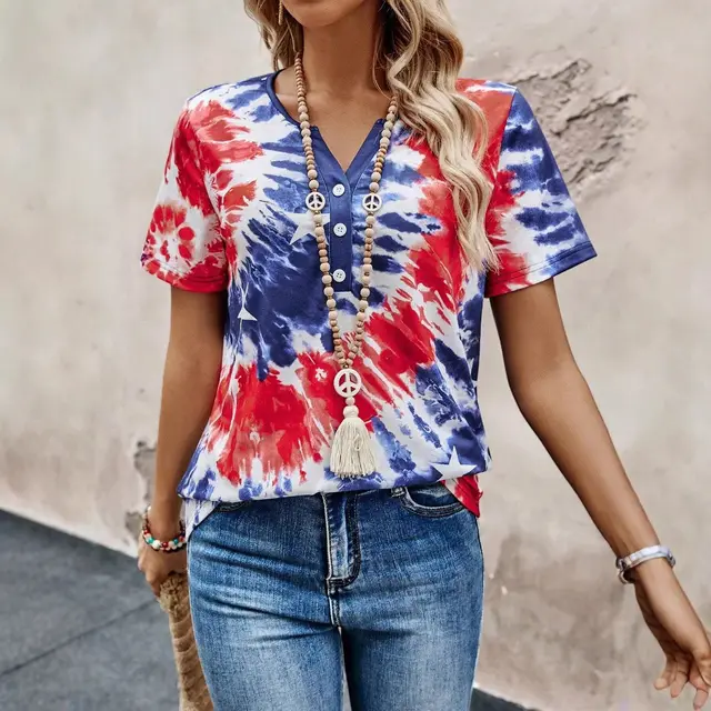Women's Top V neck Buttons Tie dye Printing Color - Shop at LoveMi