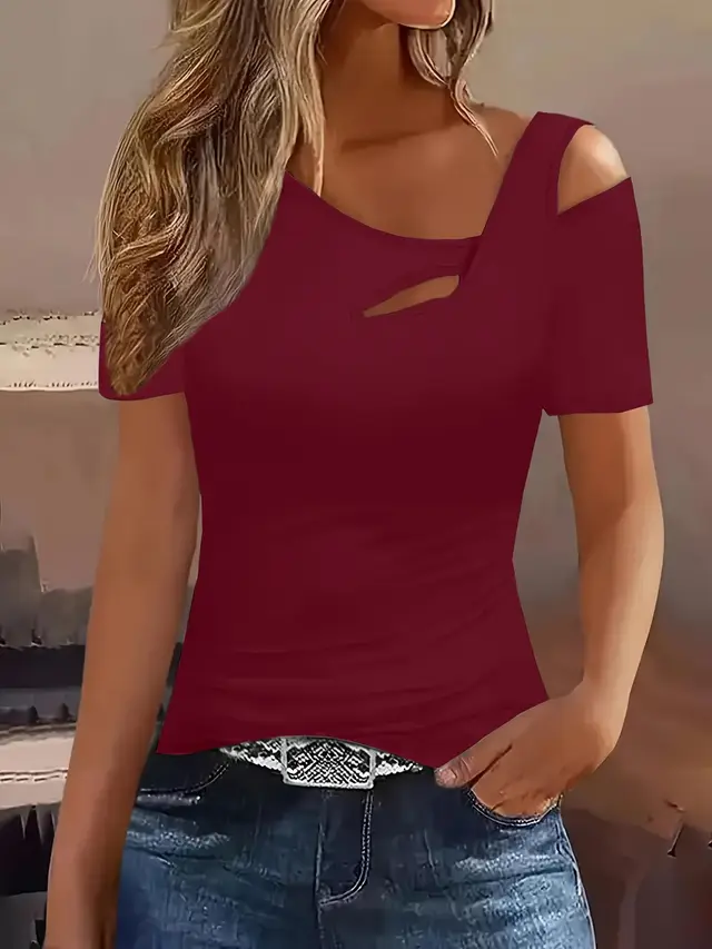 Women's Fashion Hollowed out Slim T shirt Top Wine Red - Shop at LoveMi