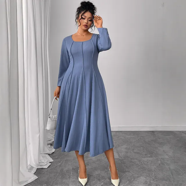 Square Collar Plus Size Loose High Waist Slimming Long Dress Blue - Shop at LoveMi