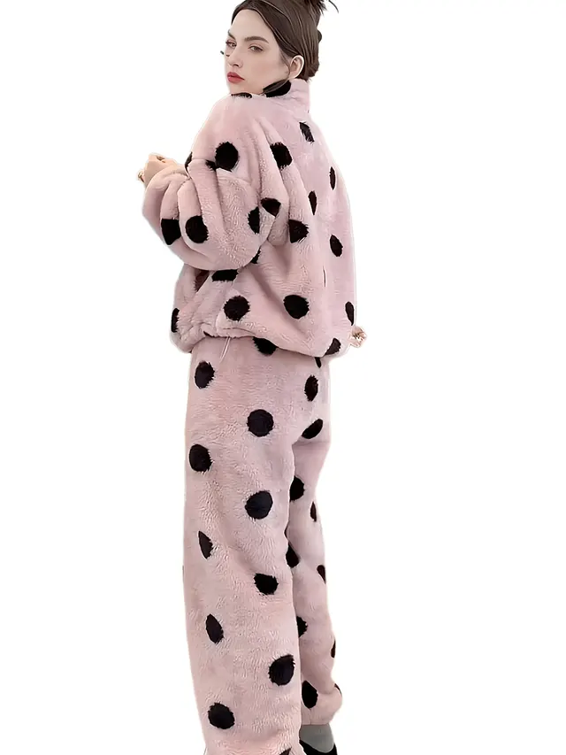 Cute Casual Pajamas For Women Winter Fleece lined Thickened Polka Dot Turtleneck Drawstring Suit Pink - Shop at LoveMi
