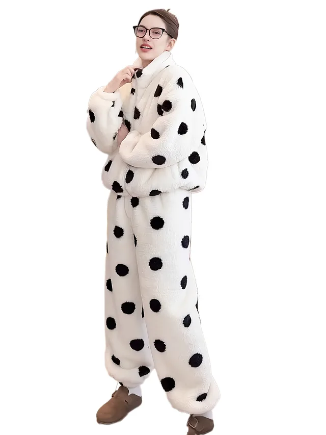 Cute Casual Pajamas For Women Winter Fleece lined Thickened Polka Dot Turtleneck Drawstring Suit White - Shop at LoveMi