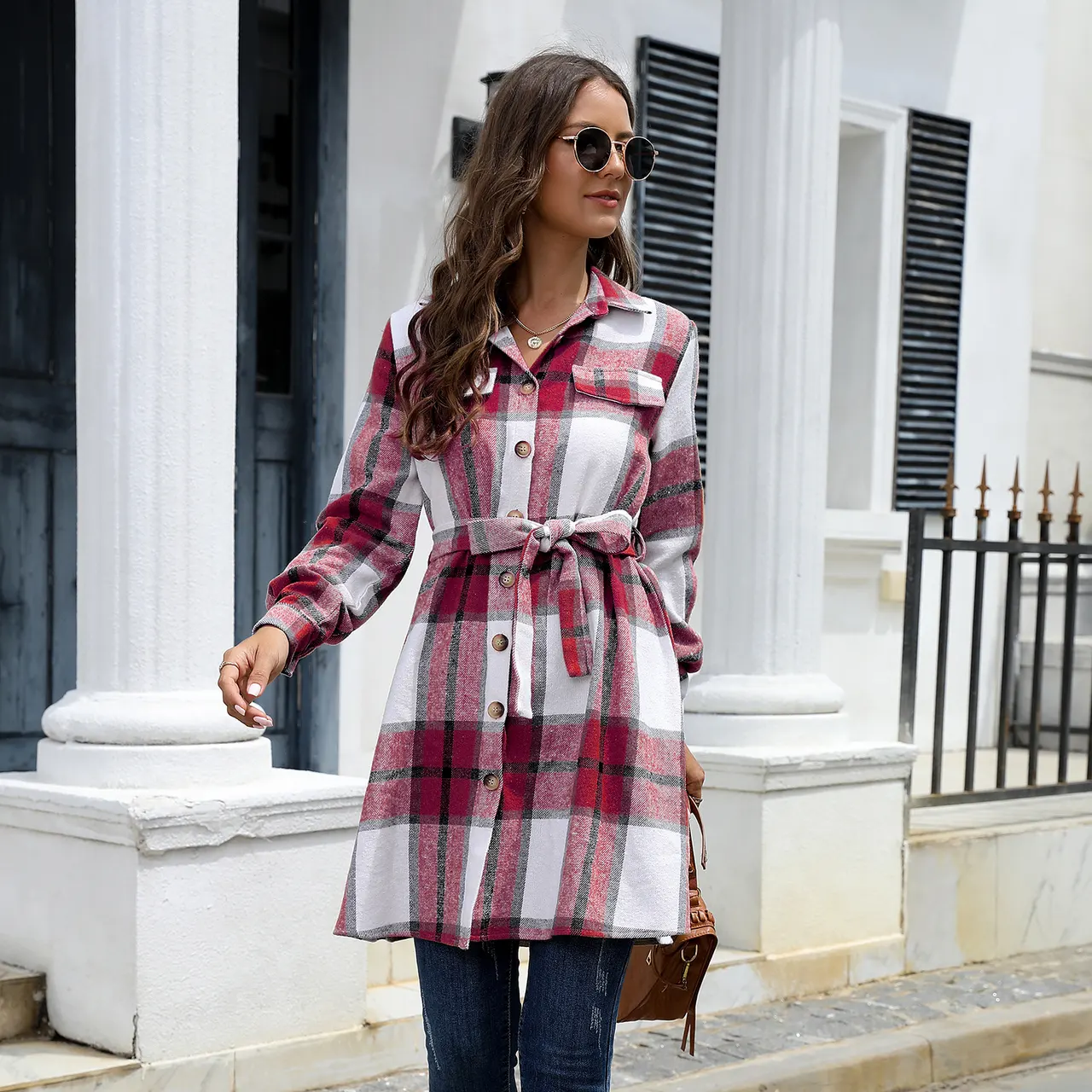 Women's Long Sleeve American Plaid Long Thickened Dress - Wine Red