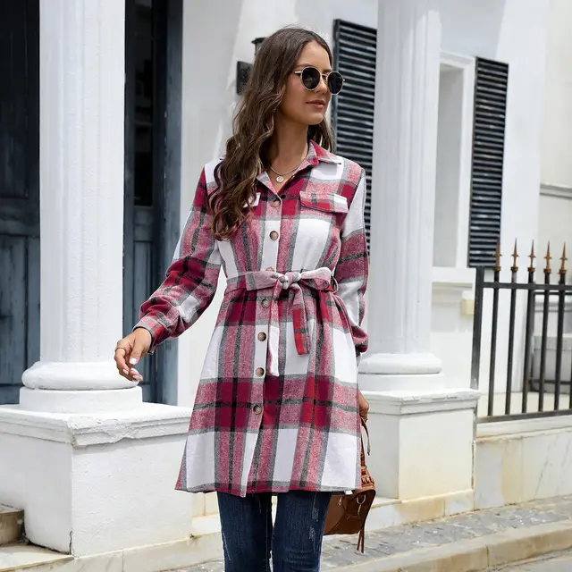 Women's Long Sleeve American Plaid Long Thickened Dress Wine Red - Shop at LoveMi