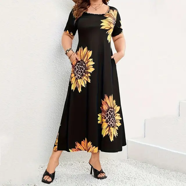 Sunflower Print Loose Short Sleeve Dress Black - Shop at LoveMi