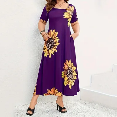Sunflower Print Loose Short Sleeve Dress Purple - Shop at LoveMi