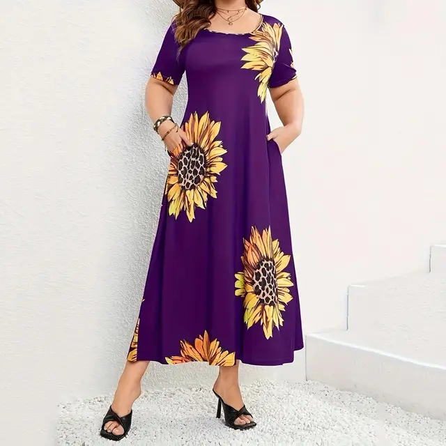 Sunflower Print Loose Short Sleeve Dress Purple - Shop at LoveMi