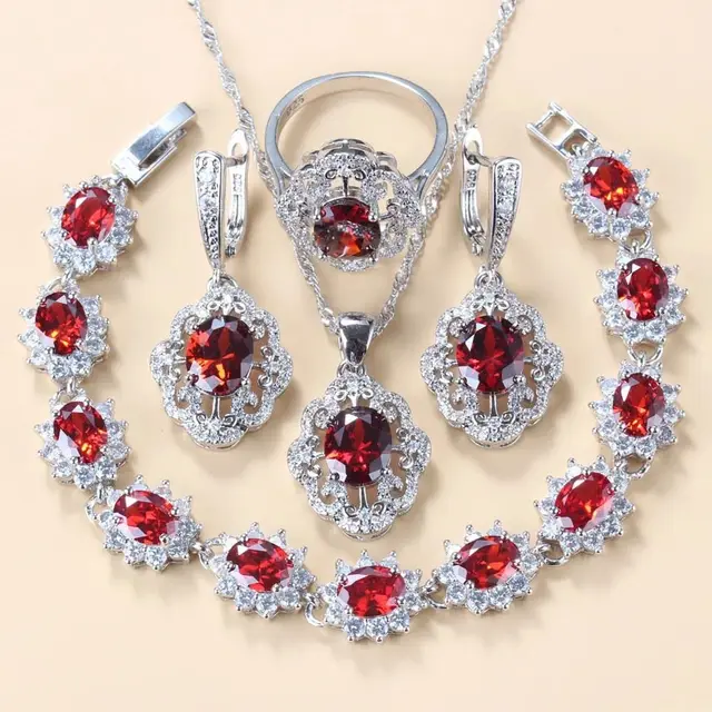 Garnet Cubic Zirconia Earrings Pendant Necklace Bracelet Ring Gift Set Pomegranate Red - Shop at LoveMi