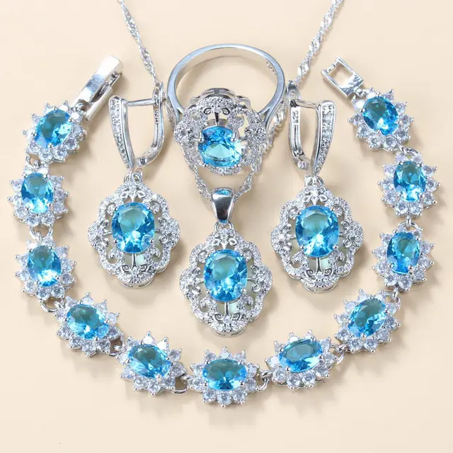 Garnet Cubic Zirconia Earrings Pendant Necklace Bracelet Ring Gift Set Sea Blue - Shop at LoveMi